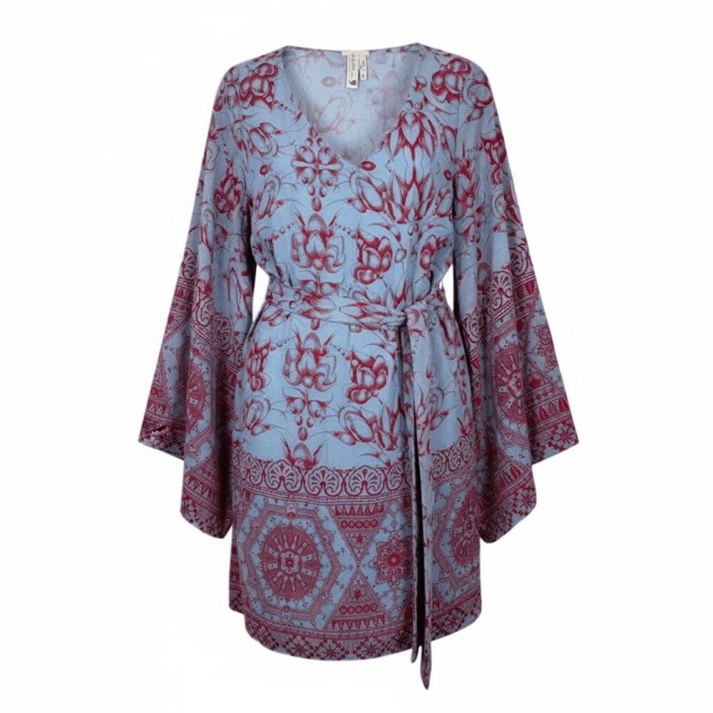 Pink Owl Light Blue and Red Medallion Print Dress Flare‎ Sleeve Tie Waist Small